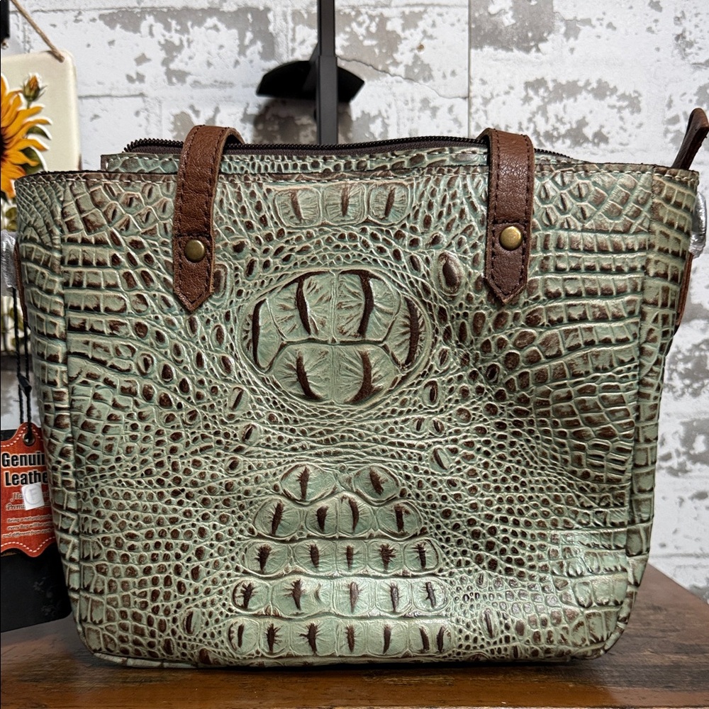 Genuine Leather Crocodile Pattern Green Tote Bag